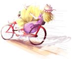  bicycle blonde_hair brown_hair chen dust elbow_gloves fox_tail gloves hat hat_ribbon ichitaro long_hair multiple_tails ribbon speed_lines tail touhou yakumo_ran yakumo_yukari 
