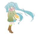  blue_eyes blue_hair boots brown_boots coat earmuffs green_coat hand_on_chest hand_on_own_chest hatsune_miku musical_note open_mouth scarf skirt tagme twintails vocaloid walking wind 