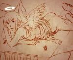  haibane_renmei halo long_hair monochrome on_stomach orange_(color) r_kampfgruppe reki wings 