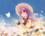  angel_beats! blazer blue_hair butterfly flower hat long_hair school_uniform sky solo sun_hat tachibana_kanade yellow_eyes zhuo_mi 