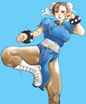  bracelet brown_hair capcom china_dress chinese_clothes chun-li clenched_hands fist hands jewelry kazaana pantyhose simple_background spiked_bracelet spikes street_fighter 
