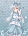  frills long_hair mtyy red_eyes solo white_hair wink 