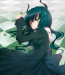  black_dress black_hair black_rock_shooter blush checkered curly_hair dead_master dress glowing glowing_eyes green_eyes hands_clasped horns long_hair lying momo_michi on_side solo 