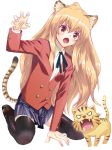  animal_ears brown_eyes brown_hair fang long_hair palmtop_tiger picshibu school_uniform tail thighhighs tiger tiger_ears tiger_tail toradora! 