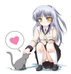  blazer blush cat hand_on_knee heart highres long_hair panties pantyshot pantyshot_(squatting) petting school_uniform silver_hair skirt socks solo squatting striped striped_panties tachibana_kanade underwear usakou yellow_eyes 