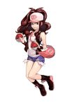  baseball_cap blue_eyes boots breasts brown_hair cleavage curly_hair cutoffs denim denim_shorts gulim hat holding holding_poke_ball poke_ball pokemon pokemon_(game) pokemon_black_and_white pokemon_bw ponytail purse short_shorts shorts smile strap_cleavage tank_top touko_(pokemon) vest 