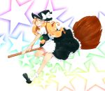  blonde_hair bow broom broom_riding dress grin hair_bow hat kirisame_marisa long_hair mary_janes shoes smile solo star touhou witch_hat yellow_eyes zukaketawagase 