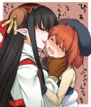  black_hair blush brown_hair closed_eyes earrings fang forked_tongue gloves hair_ornament hat jewelry licking long_hair long_tongue pointy_ears rance_(series) red_eyes tongue utsugi_(skydream) wavy_mouth yuri 