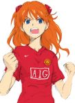  blue_eyes clenched_hands fist highres manchester_united neon_genesis_evangelion nike open_mouth orange_hair resizing_artifacts shanghai_man short_sleeves shouting simple_background sketch soccer soccer_uniform solo souryuu_asuka_langley standing 