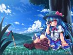  against_tree boots bracelet cloud etogami_kazuya grass hat highres hill hinanawi_tenshi jewelry landscape looking_at_viewer meadow nature scenery sitting sky smile sword sword_of_hisou touhou tree wallpaper weapon wind 