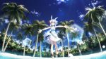  beach bracelet bunny_ears choker dj_max_portable dress fisheye flower forest hair_flower hair_ornament jewelry lens_flare nature open_mouth outstretched_arms palm_tree rabbit_ears red_eyes sandals sea_spray smile solo spread_arms suee sunbeam sunlight tree wallpaper white_hair yuuki_tatsuya 