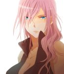  blue_eyes breasts cleavage final_fantasy final_fantasy_xiii glowing glowing_eyes highres karuha lightning_farron lips pink_hair simple_background solo 