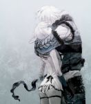 ass bandage blue_eyes braid hug kaine_(nier) nier nier_(character) ribbon short_hair snow sword weapon white_hair 