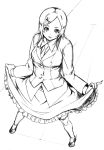  character_request copyright_request drain dress dress_lift from_above hairclip monochrome sketch smile solo standing 