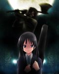  axe bad_end black_eyes black_hair creepy crossover eddie_the_head glowing glowing_eyes iron_maiden_(band) k-on! kaiga long_hair monster moon school_uniform tears weapon zombie 