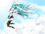   aqua_eyes aqua_hair barefoot bridal_gauntlets clouds hatsune_miku headphones mechanical_wings miku_append necktie outstretched_arm sky smile thigh_highs toeless_socks twintails vocaloid vocaloid_append  