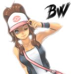  breasts brown_hair cleavage hat_tip pokemon pokemon_(game) pokemon_black_and_white pokemon_bw ponytail smile tan tank_top touko_(pokemon) uka uka_(artist) vest wink wristband 