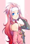  adjusting_hair androgynous blue_eyes gradient_hair headband long_hair looking_back male multicolored_hair pink pink_background pink_hair red_hair redhead sada_a smile solo star tales_of_(series) tales_of_symphonia zelos_wilder 