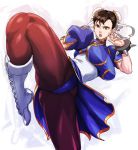  1girl bracelet breasts brown_hair bun_cover capcom chun-li double_bun jewelry large_breasts pantyhose short_hair solo spiked_bracelet spikes street_fighter thick_thighs thighs usatarou 
