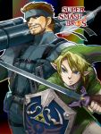  beard blonde_hair blue_eyes brown_hair cigarette facial_hair grin hat headband link male master_sword metal_gear_solid multiple_boys nintendo pointy_ears rocket_launcher shield smile solid_snake super_smash_bros. sword the_legend_of_zelda weapon 