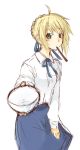  blonde_hair blouse bowl casual chopsticks fate/stay_night fate_(series) green_eyes saber sketch 