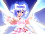  aura beam blue_eyes blue_hair bow foreshortening hair_bow highres mai_(touhou) pointing ribbon short_hair solo touhou touhou_(pc-98) uniyon wings 