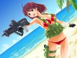  aiming armpits assault_rifle beach bikini blush breasts brown_hair cleavage gloves gun handgun head_tilt holster large_breasts load_bearing_vest mound_of_venus ocean open_mouth original palm_tree pistol red_hair redhead rifle sand short_hair skindentation solo standing swimsuit tavor_tar-21 thigh_holster thigh_strap tonbidou tree weapon wet yellow_eyes 