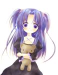  clannad dress hair_bobbles hair_ornament hug ichinose_kotomi kotori_(chilly_sky) long_hair purple_eyes stuffed_animal stuffed_toy teddy_bear twintails two_side_up violet_eyes 