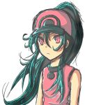  aqua_hair bare_shoulders baseball_cap character_request frown hat high_ponytail long_hair nintendo pokemon pokemon_(game) pokemon_black_and_white ponytail red_eyes simple_background solo 