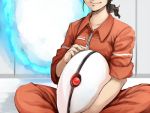  brown_hair chell female glowing_eye head_out_of_frame indian_style jumpsuit long_hair lowres ponytail portal sitting smile solo taka_yanagi turret turret_(portal) 