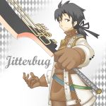  argyle_background black_hair brown_eyes character_name gloves jazz_(trusty_bell) jitterbug_(trusty_bell) piza_poteto ponytail sword trusty_bell weapon 