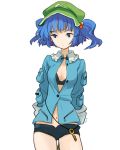  arms_behind_back bikini_top blue_eyes blue_hair breasts cleavage hair_bobbles hair_ornament hat iwamoto_james kawashiro_nitori key navel open_clothes open_shirt shirt short_shorts shorts solo swimsuit swimsuit_under_clothes touhou twintails unbuttoned 