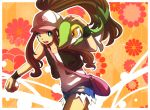  1girl bag bare_shoulders baseball_cap blue_eyes brown_hair denim denim_shorts flower glow hat high_ponytail hinaji holding holding_poke_ball lace long_hair messenger_bag open_mouth outline poke_ball pokemon pokemon_(creature) pokemon_(game) pokemon_black_and_white pokemon_bw ponytail purse short_shorts shorts smile snivy touko_(pokemon) vest wristband yellow_eyes 