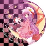  animal_ears book cat_ears catbell character_name crescent crescent_moon hat leaf long_hair looking_back patchouli_knowledge purple_hair ribbon sitting solo star touhou 
