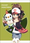  :&lt; antenna_hair bag bare_shoulders baseball_cap blue_eyes brown_eyes brown_hair denim denim_shorts hat high_ponytail long_hair messenger_bag nintendo open_mouth oshawott party_hat poke_ball pokemon pokemon_(game) pokemon_black_and_white ponytail short_shorts shorts smile touko_(pokemon) v vest 