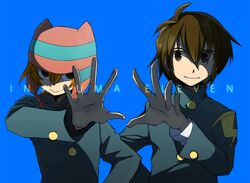  2boys brown_hair hand handa_shinichi hat inazuma_eleven male matsuno_kuusuke 