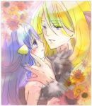  blonde_hair blue_eyes blue_hair blush flower hikari_(pokemon) long_hair pokemon shirona_(pokemon) yuri 