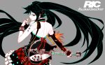  black_hair detached_sleeves from_behind guitar hatsune_miku instrument long_hair looking_back ryuuta_(ipse) skirt solo star tattoo twintails very_long_hair vocaloid 