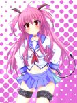  angel_beats! belt choker cross demon_tail halftone halftone_background hands_on_hips highres long_hair pink_hair red_eyes school_uniform short_twintails solo stare suterii tail thigh_strap twintails wide-eyed yui_(angel_beats!) 