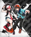  bag baseball_cap black_hair blue_eyes boots brown_eyes brown_hair curly_hair denim denim_shorts hat hot_pants jacket messenger_bag pants pokemon pokemon_(game) pokemon_black_and_white pokemon_bw ponytail purse shoes short_shorts shorts shoulder_bag smile smirk sneakers tank_top touko_(pokemon) touya_(pokemon) vest wink zipper 