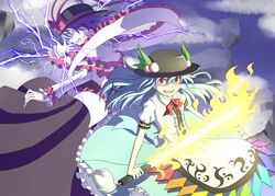 2girls electricity hat hinanawi_tenshi long_skirt nagae_iku skirt sword touhou weapon