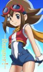  blue_eyes brown_hair goggle minami_(pokemon) pokemon pokemon_ranger scarf short_hair shorts smile tracks_of_light 
