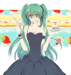  :q armband bad_id cake dress food fork fruit green_eyes green_hair hatsune_miku holding holding_fork long_hair nail_polish plate solo strapless_dress strawberry tongue twintails vocaloid wristband 