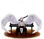  blazer bowed_wings grand_piano highres instrument kneehighs large_wings piano piano_bench school_uniform silver_hair sitting skirt socks solo tachibana_kanade tommy_(lonely_hammy) wings yellow_eyes 