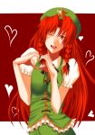  braid china_dress chinese_clothes hat heart heart_hands hong_meiling long_hair red_eyes red_hair redhead touhou twin_braids wink 