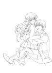  1girl angel_beats! bad_id couple hug lineart monochrome otonashi_(angel_beats!) school_uniform tachibana_kanade tsuruzawa 