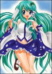  frog green_eyes green_hair kochiya_sanae long_hair marker_(medium) midriff pastel_(medium) touhou traditional_media very_long_hair yadokari_genpachirou 