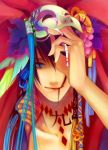  colorful feathers hands kidchan male mask portrait red smile tattoo 