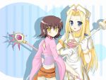  2girls annie_barrs blonde_hair blush brown_hair cross crossover earrings gloves long_hair mint_adenade short_hair smile tales_of_phantasia tales_of_rebirth 