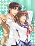  1girl angel_beats! arms_behind_back brown_eyes brown_hair couple fujimaki fujimaki_(angel_beats!) grey_eyes hisako hisako_(angel_beats!) long_hair navel ponytail school_uniform short_hair silver_eyes skirt sleeves_rolled_up smile weapon zelovel 